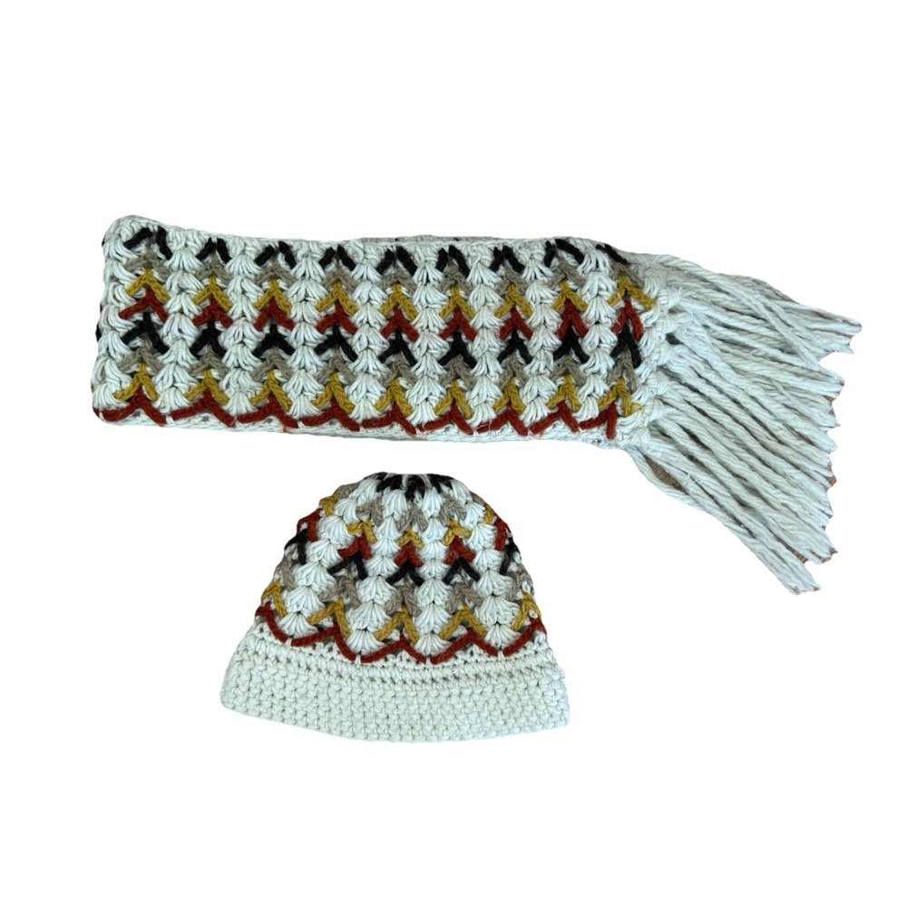 Vintage 70s Handmade Crochet Scarf Fringe Matching Hat Set Brown Orange Ivory